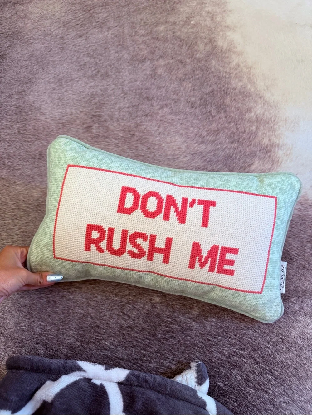 Rachel Zoe Mint Green Pillow with Red Text 